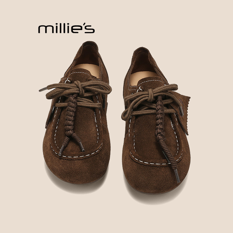 MILLIE'S/妙丽2025新款秋冬复古风真皮勃肯鞋女一脚蹬豆豆鞋Z,女鞋,时尚休闲鞋,淘宝优惠券,粉丝福利购,淘宝优惠卷