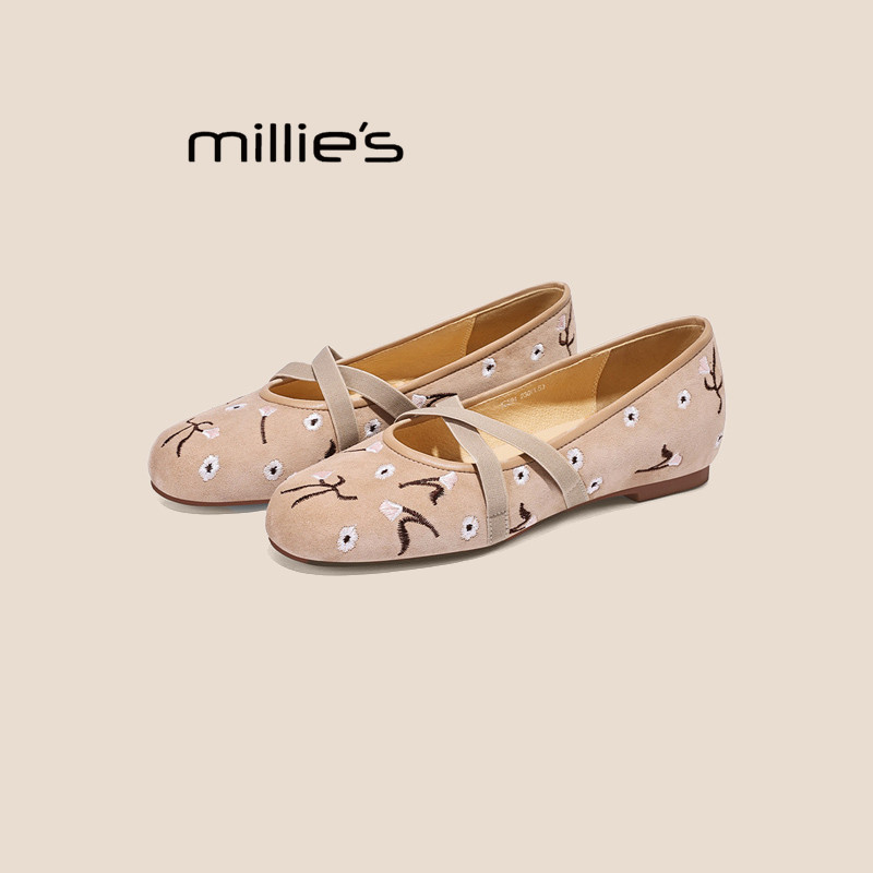 MILLIE'S妙丽春季法式刺绣玛丽珍平底单鞋女交叉带芭蕾舞鞋婚鞋Z,女鞋,婚鞋,淘宝优惠券,粉丝福利购,淘宝优惠卷
