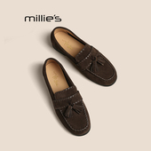 妙丽复古绒面流苏浅口单鞋 女2026秋季 MILLIE 透气一脚蹬小皮鞋