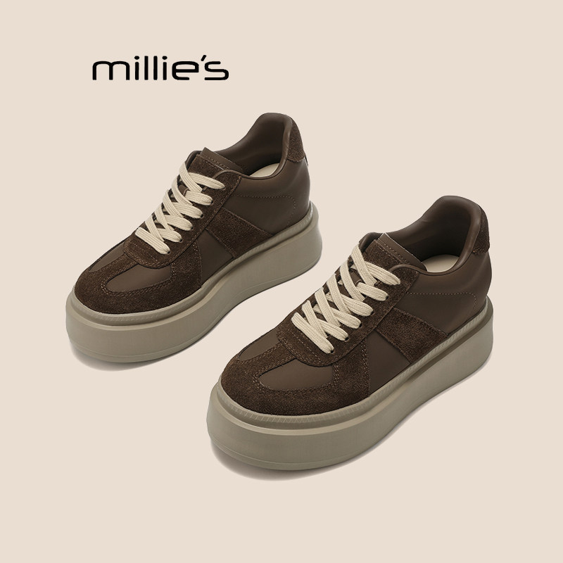 MILLIE'S/妙丽女鞋复古厚底德训鞋米咖色百搭休闲增高板鞋Z