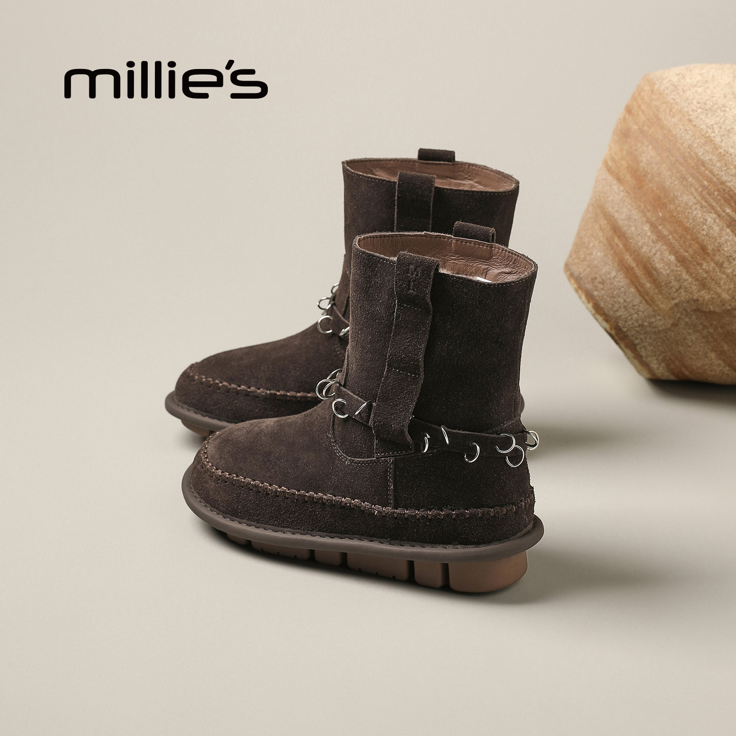 MILLIE'S/妙丽真皮皮带扣机车靴女秋冬短靴百搭舒适英伦风马丁靴Q