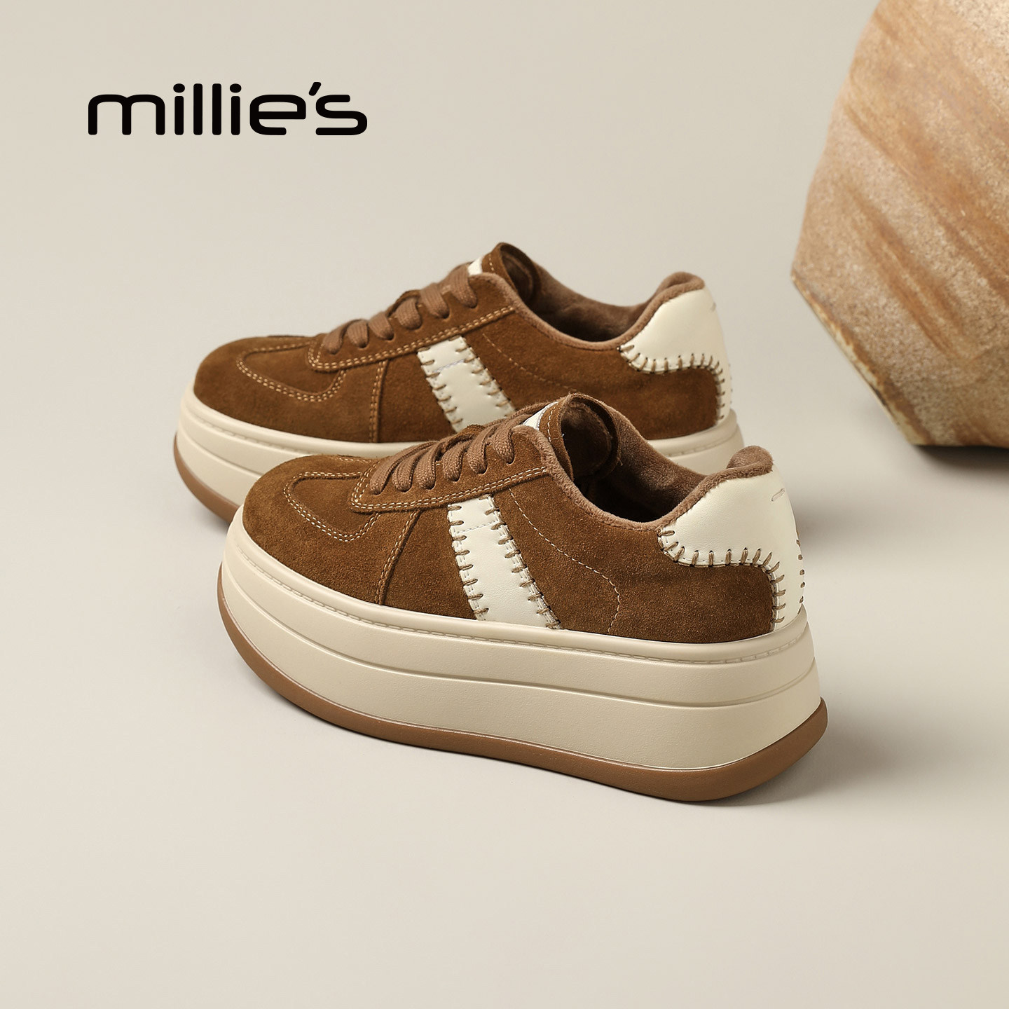MILLIE'S/妙丽复古厚底老爹鞋女咖色百搭休闲鞋舒适运动鞋P