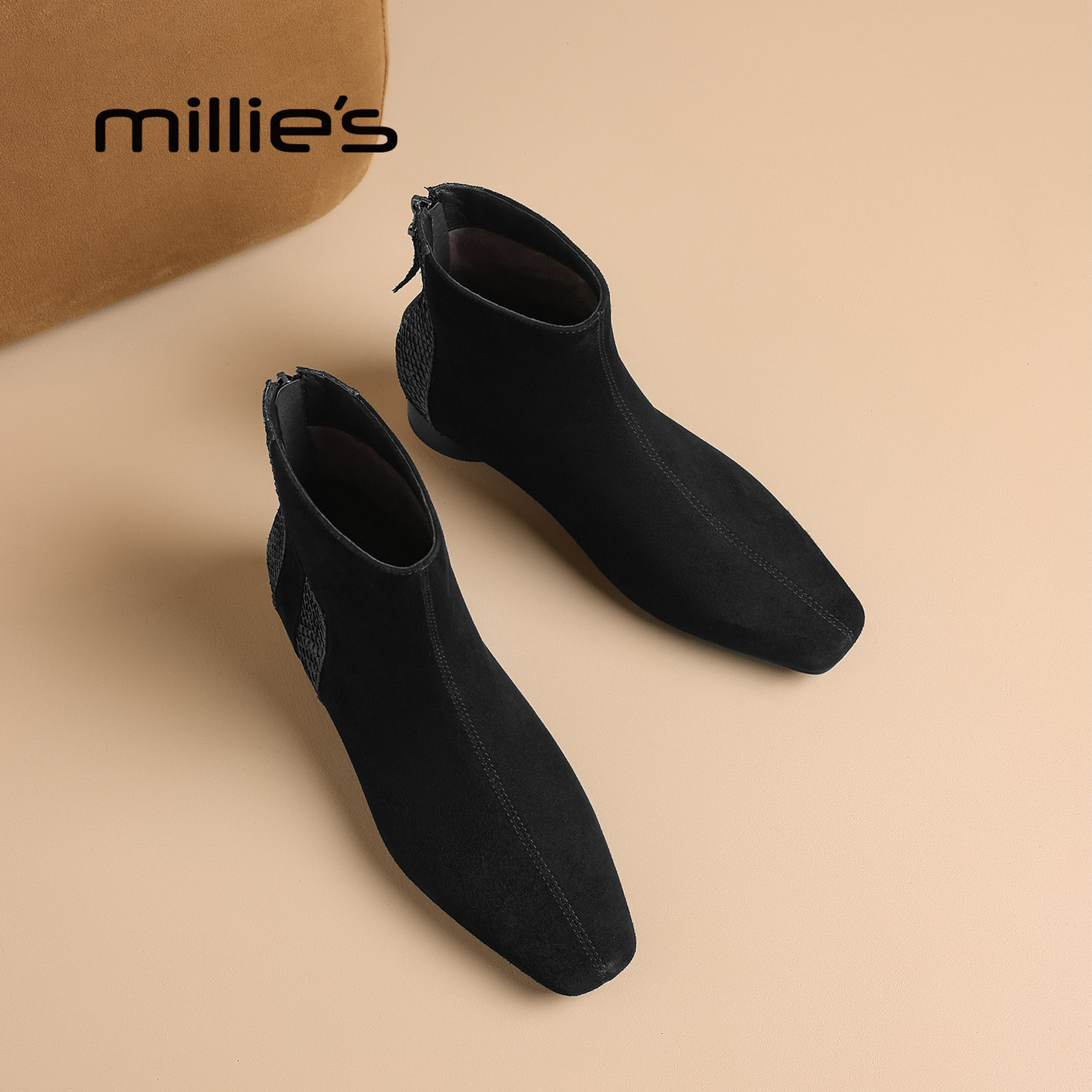 MILLIE'S/妙丽2026新款秋冬方头中低跟短靴坡跟及踝靴平底瘦瘦靴