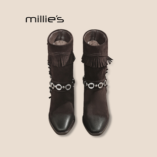 复古粗跟中筒靴套筒骑士靴Q 妙丽流苏擦色西部牛仔靴新款 MILLIE