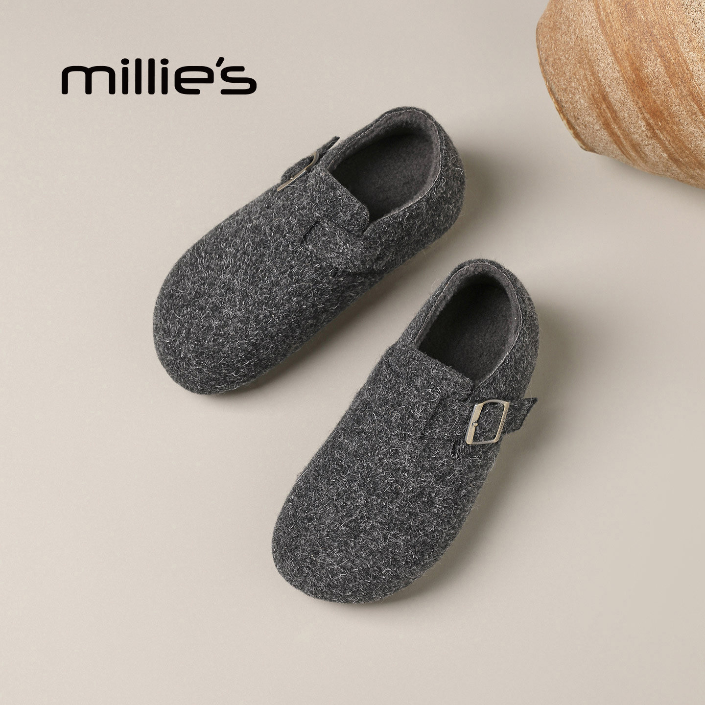 MILLIE'S/妙丽灰色全包勃肯鞋女加绒懒人鞋百搭一脚蹬毛毛鞋Z