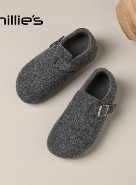 MILLIE'S/妙丽灰色全包勃肯鞋女加绒懒人鞋百搭一脚蹬毛毛鞋Z
