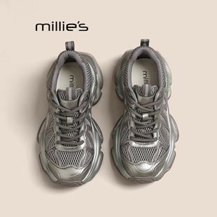 MILLIE'S/妙丽老爹鞋2025秋新款厚底百搭时尚网面休闲鞋深口单鞋
