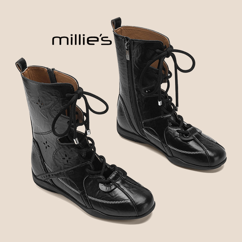 MILLIE'S/妙丽2026款夏季镂空系带酷飒拳击靴女英伦风复古马丁靴P