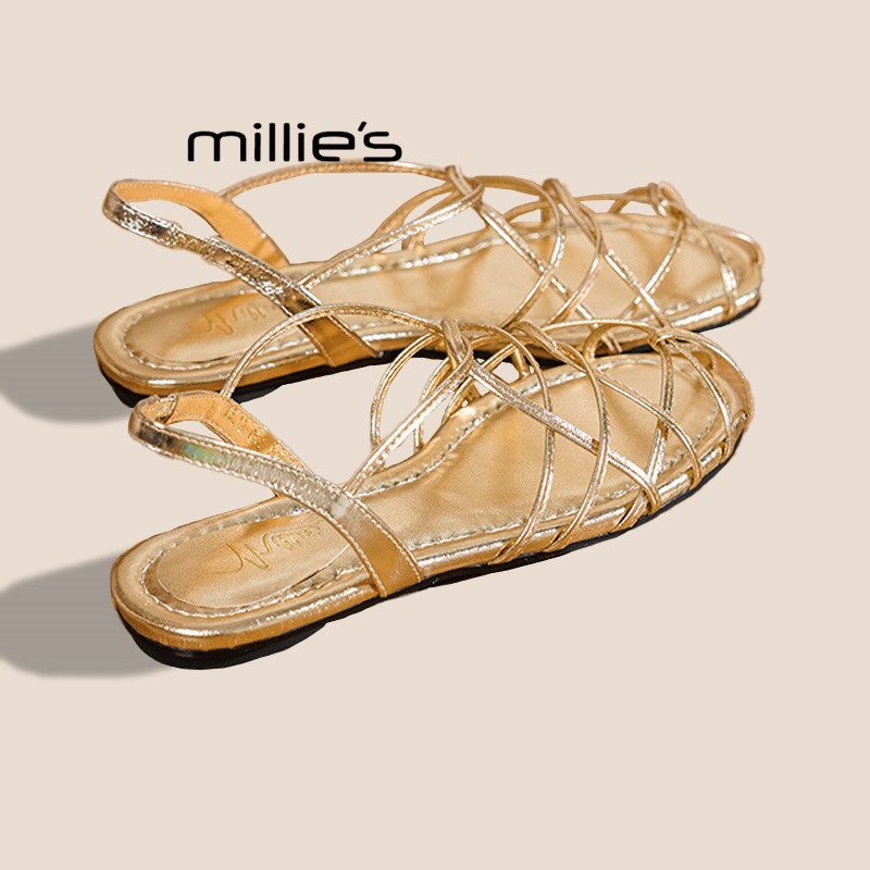 MILLIE'S/妙丽编织镂空平底凉鞋女夏季法式绑带沙滩鞋舒适凉鞋P