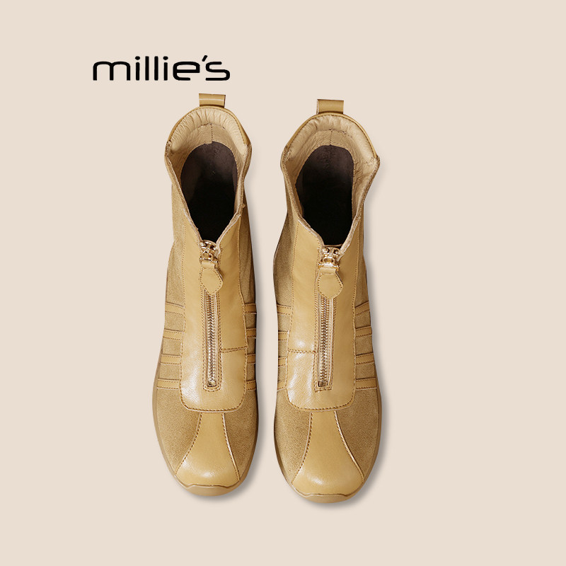 MILLIE'S/妙丽休闲复古风运动靴子女马丁靴磨砂真皮前拉链短靴潮Z