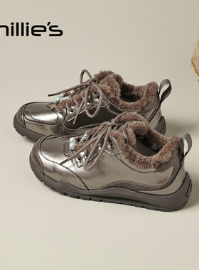 MILLIE'S/妙丽银灰色加绒德训鞋平底时尚休闲运动鞋冬季新款女鞋Q