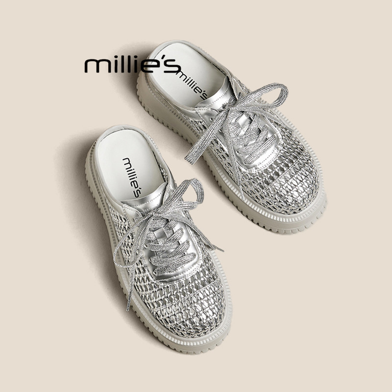 MILLIE'S/妙丽厚底小白鞋女款2025新款夏季透气镂空编织包头拖鞋,女鞋,婚鞋,淘宝优惠券,粉丝福利购,淘宝优惠卷