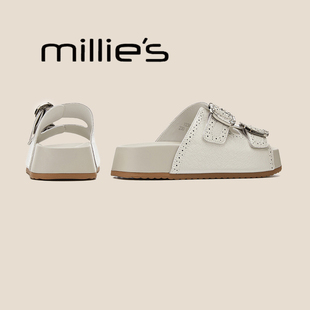 MILLIE'S/妙丽夏季新款真皮厚底水钻扣女拖鞋凉鞋百搭增高勃肯鞋