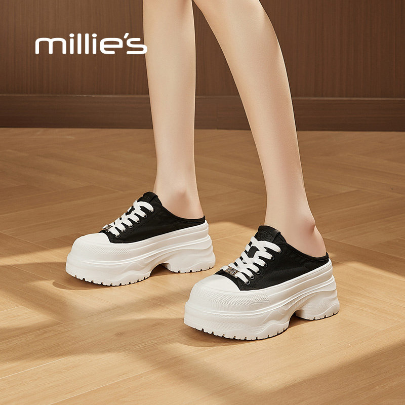 MILLIE'S/妙丽2026新款夏外穿时尚女士厚底凉拖鞋真皮包头半拖鞋