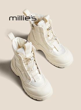 MILLIE'S/妙丽2025白色靴子厚底短靴英伦风马丁靴秋冬加厚保暖靴