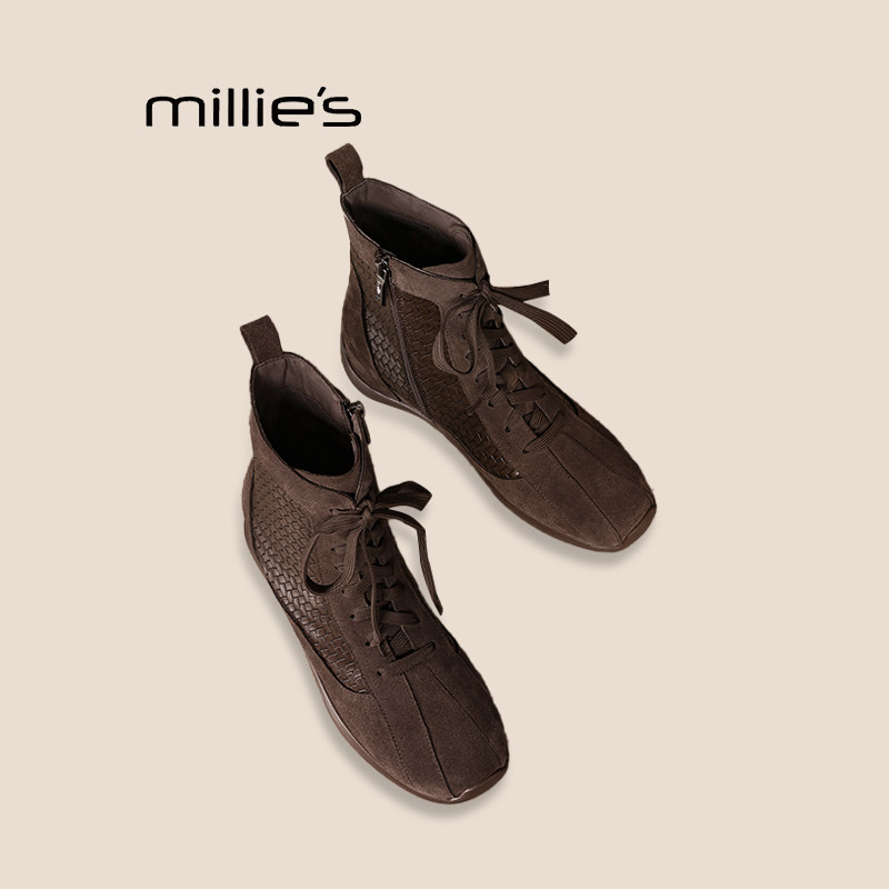 MILLIE'S/妙丽厚底网面系带短靴女新款爆款百搭一脚蹬懒人马丁靴Z
