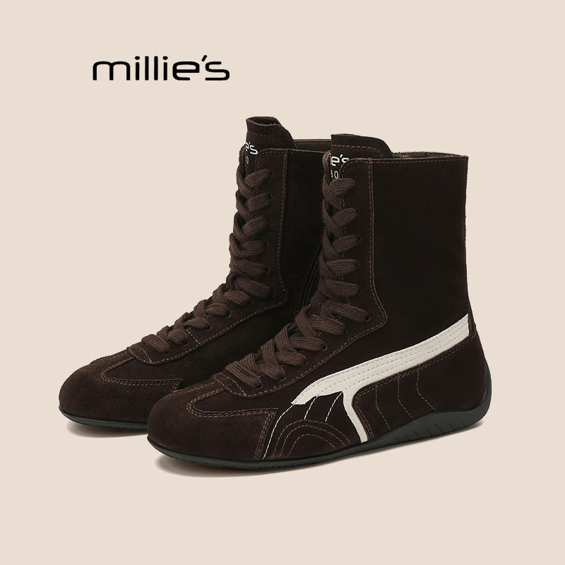 MILLIE'S/妙丽秋季新款真皮靴子圆头系带条纹拼色短靴子时装靴潮Z
