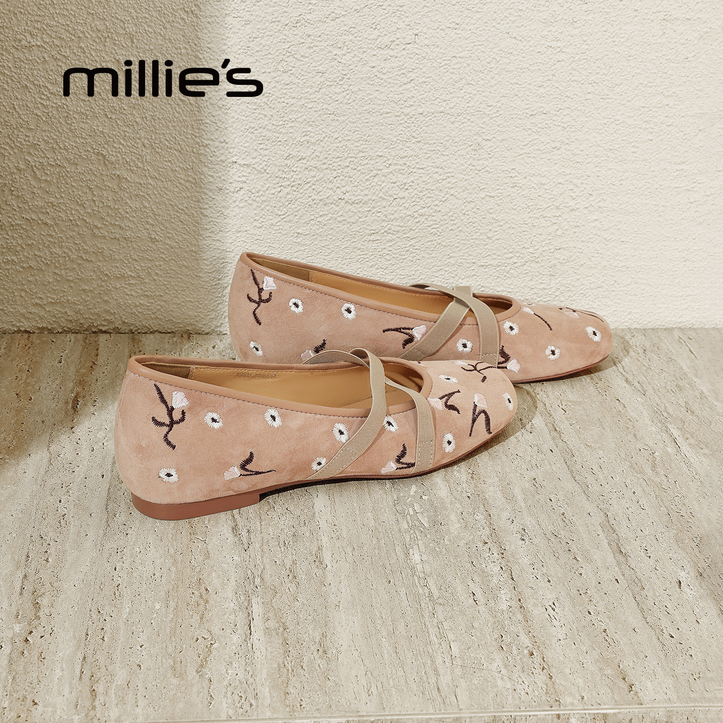 MILLIE'S/妙丽2026春季法式刺绣玛丽珍平底单鞋女交叉带芭蕾舞鞋Z,女鞋,乐福鞋（豆豆鞋）,淘宝优惠券,粉丝福利购,淘宝优惠卷
