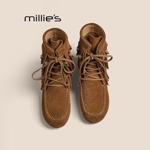 平底圆头复古马丁靴 妙丽流苏中筒靴真皮女靴2024冬新款 MILLIE