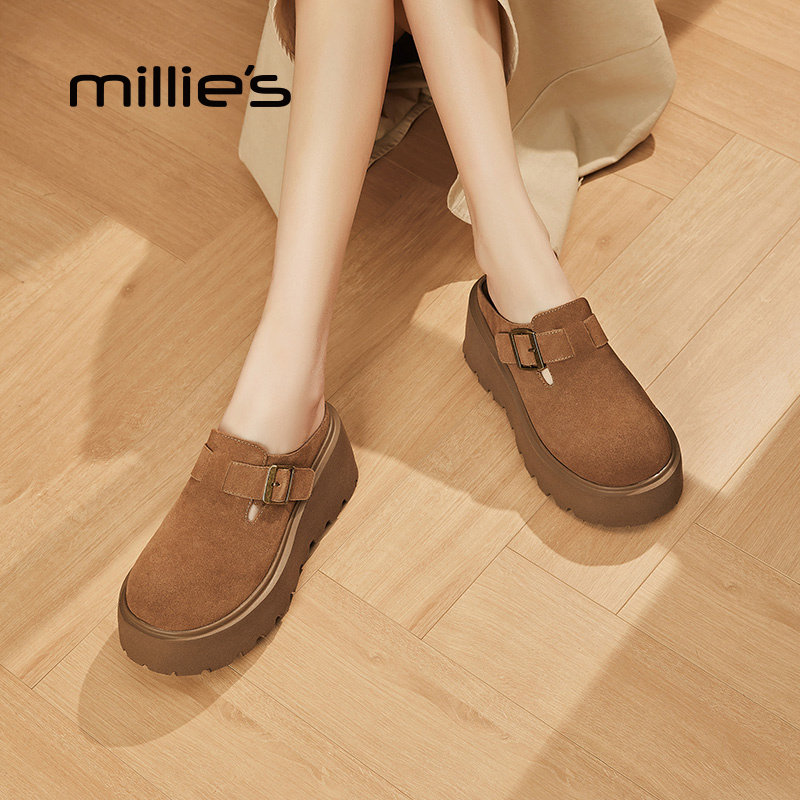 MILLIE'S/妙丽2026春季新款松糕底真皮包头拖鞋女厚底勃肯拖鞋潮