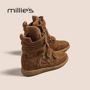 MILLIE'S/妙丽真皮复古高帮女鞋2026新款秋季魔术贴休闲运动板鞋P