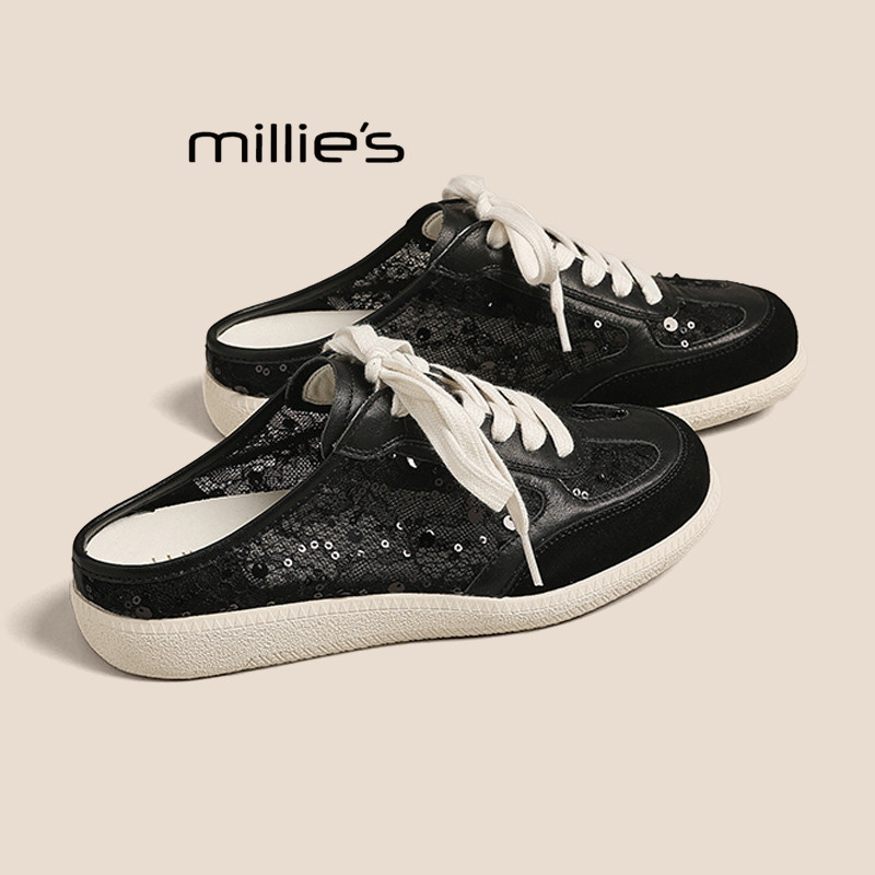 MILLIE'S/妙丽亮片德训半拖鞋女2026夏季系带包头休闲凉鞋一脚蹬P
