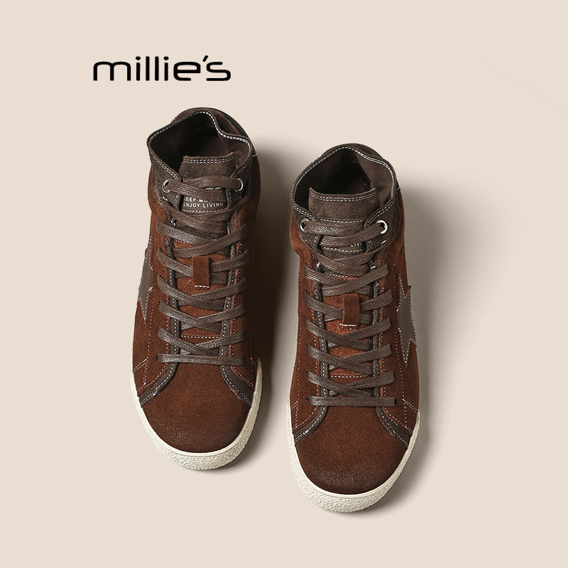 MILLIE'S/妙丽复古擦色德训鞋女秋款磨砂皮巨好看内增高高帮休闲Q,女鞋,德训鞋,淘宝优惠券,粉丝福利购,淘宝优惠卷