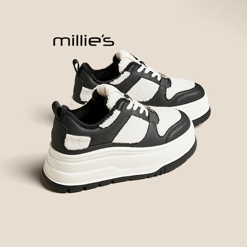 MILLIE'S/妙丽真皮厚底板鞋秋冬女鞋黑白熊猫鞋加绒棉鞋运动鞋