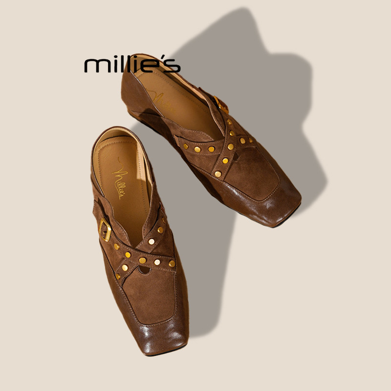 MILLIE'S/妙丽早秋欧美风羊皮乐福鞋方头粗跟交叉扣带法式单鞋女,女鞋,婚鞋,淘宝优惠券,粉丝福利购,淘宝优惠卷