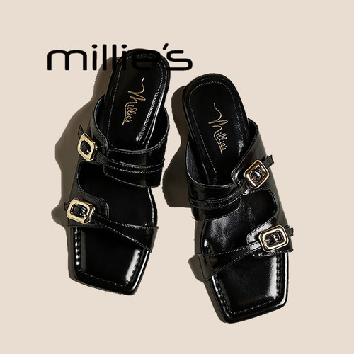 妙丽皮带扣一字带凉拖鞋女