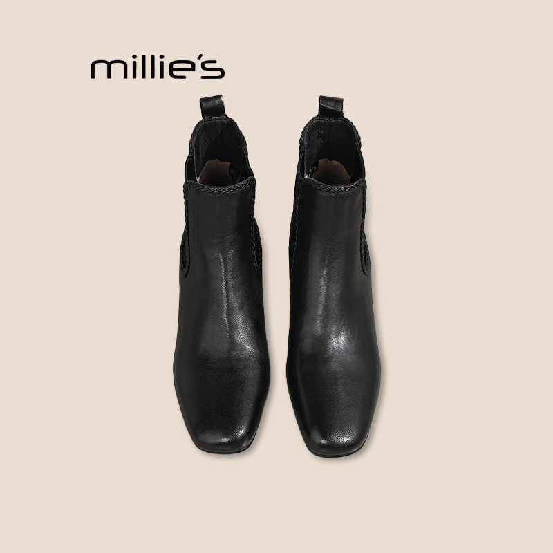 MILLIE'S/妙丽秋冬款女单靴时装靴方头低跟百搭通勤韩版及踝黑色,女鞋,马丁靴,淘宝优惠券,粉丝福利购,淘宝优惠卷