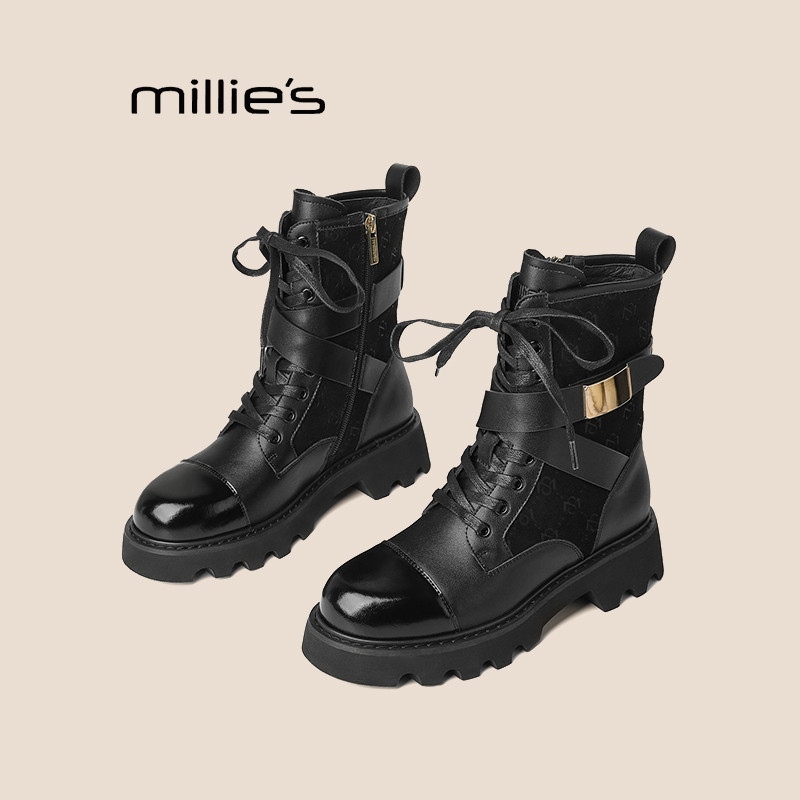 妙丽中筒靴厚底褶皱马丁靴巨好看