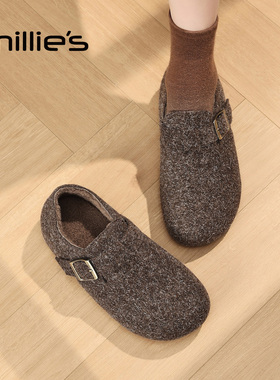 MILLIE'S/妙丽加绒厚底保暖勃肯鞋女灰色平底金属扣轻便休闲鞋Z