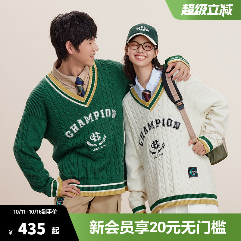 Champion冠军V领针织衫男秋季新款美式校园风潮牌毛衣女休闲