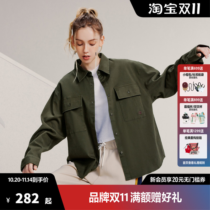 Champion冠军工装长袖衬衫双口袋翻领纯色外套复古休闲时尚上衣