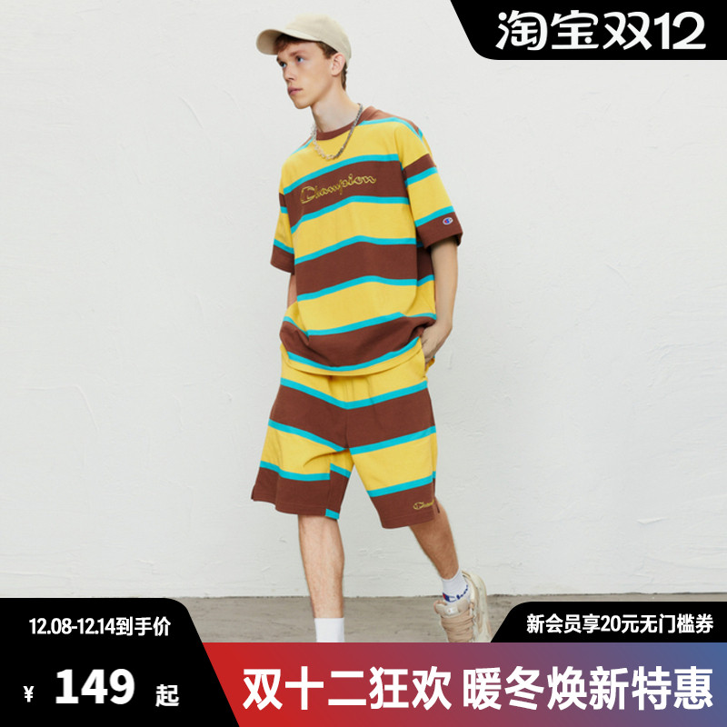 Champion冠军条休闲短裤纯棉纹拼接刺绣LOGO时尚百搭户外运动裤子