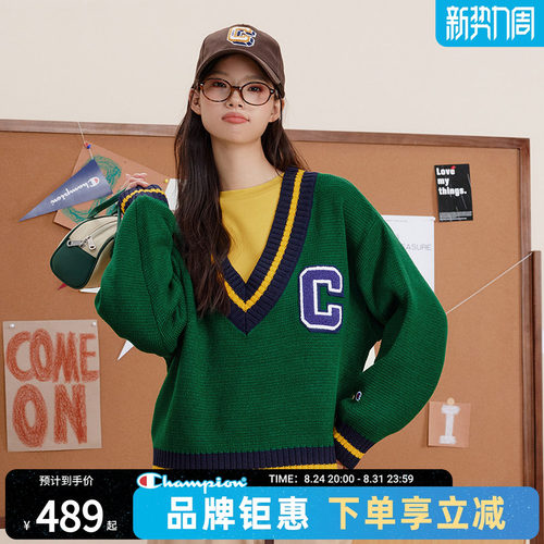champion冠军秋冬新款女士毛衣V领针织衫复古美式学院风套头