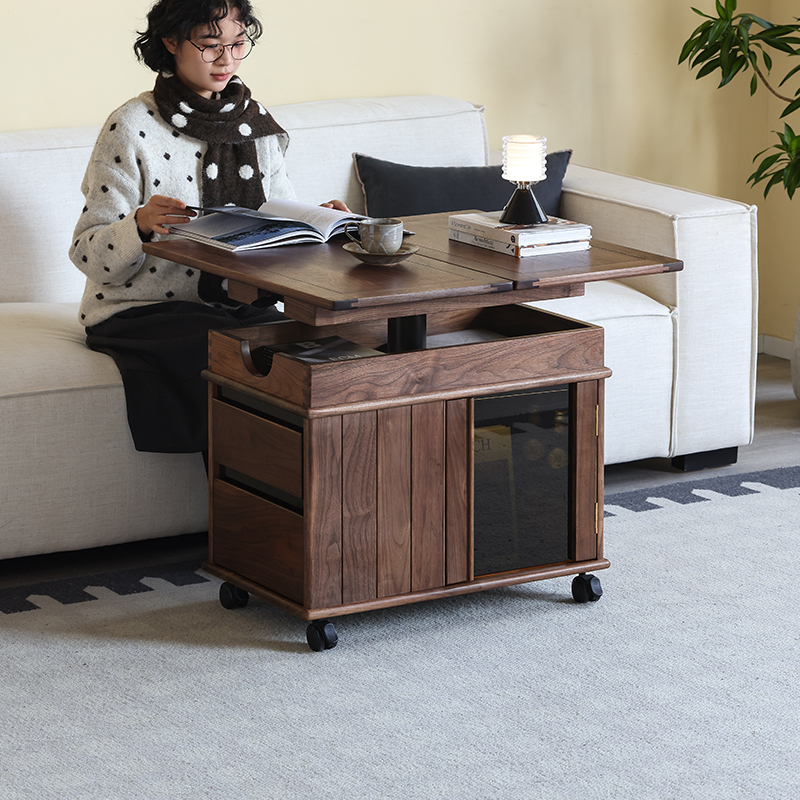 AB/北美黑胡桃木移动茶几可升降折叠小户型客厅家用实木边柜边几