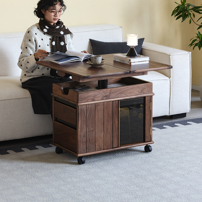 AB/北美黑胡桃木移动茶几可升降折叠小户型客厅家用实木边柜边几