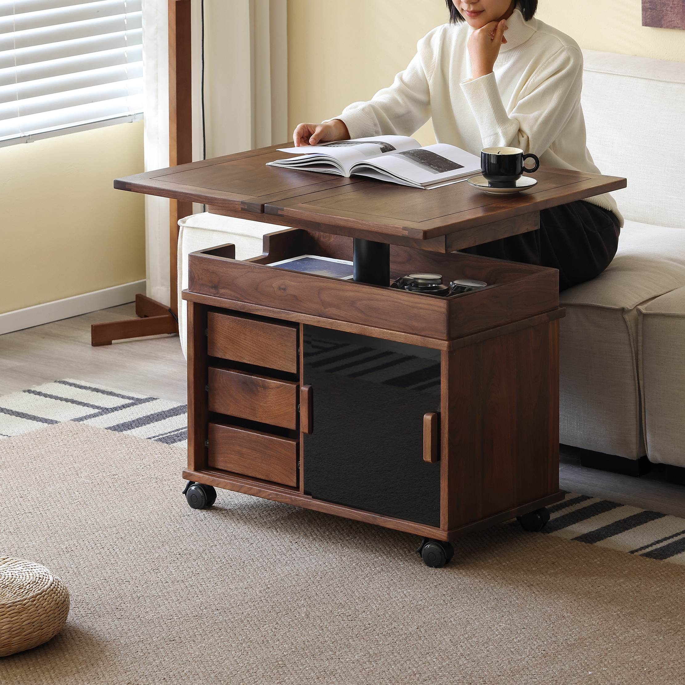 AB/全黑胡桃木升降茶几实木折叠可移动小户型小推车沙发边几茶桌