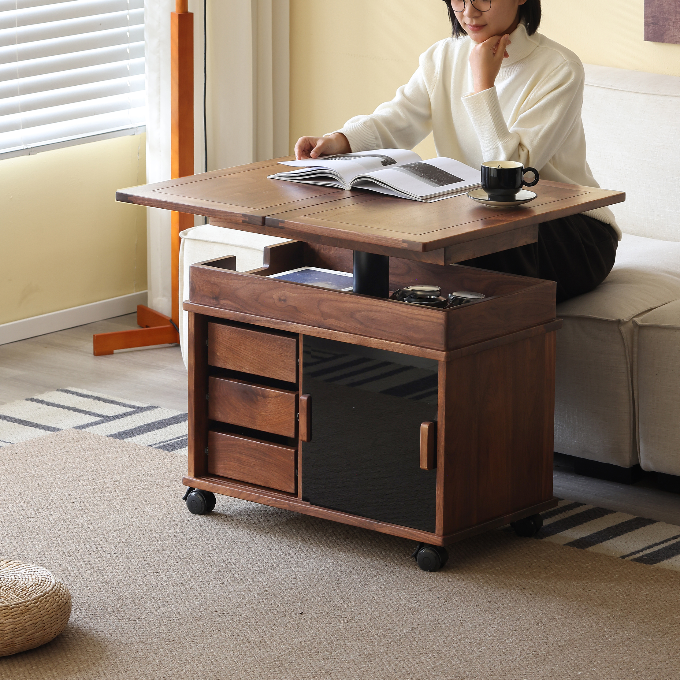 AB/全黑胡桃木升降茶几实木折叠可移动小户型小推车沙发边几茶桌