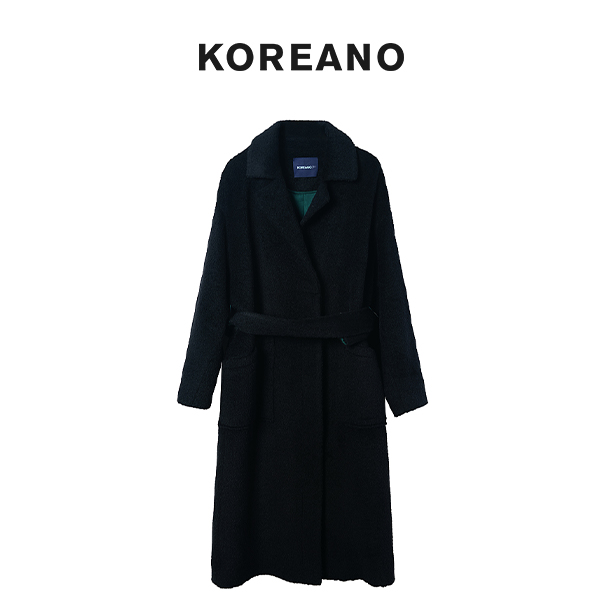 【KOREANO】冬季石墨黑色大翻领落肩长款大衣  FY4109(JUN)