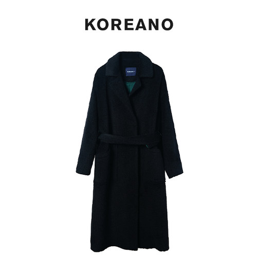 【KOREANO】冬季石墨黑色大翻领落肩长款大衣  FY4109(JUN)