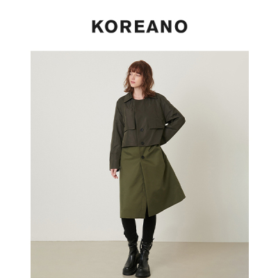 【KOREANO】春秋橄榄竹青灰绿经典H型宽松撞色拼接风衣  FW2221