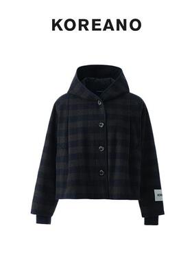 【KOREANO】冬季卡其蓝羊毛格纹A廓型棉外套 【H】 SY45730(JUN)
