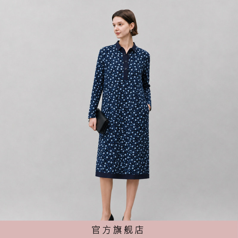 长袖青黛蓝波点宽松连衣裙图片