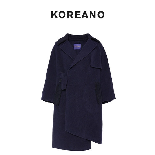 【KOREANO】冬季静谧蓝黑色中长款宽松独特皮料带扣大衣  FY1847B