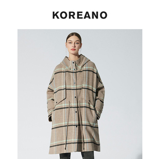 【KOREANO】冬季大格纹双面重磅羊毛宽松型连帽款大衣 FY2978B