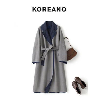 【KOREANO】冬季灰色撞藏蓝色领子廓型长款棉大衣  FY4504(JUN)
