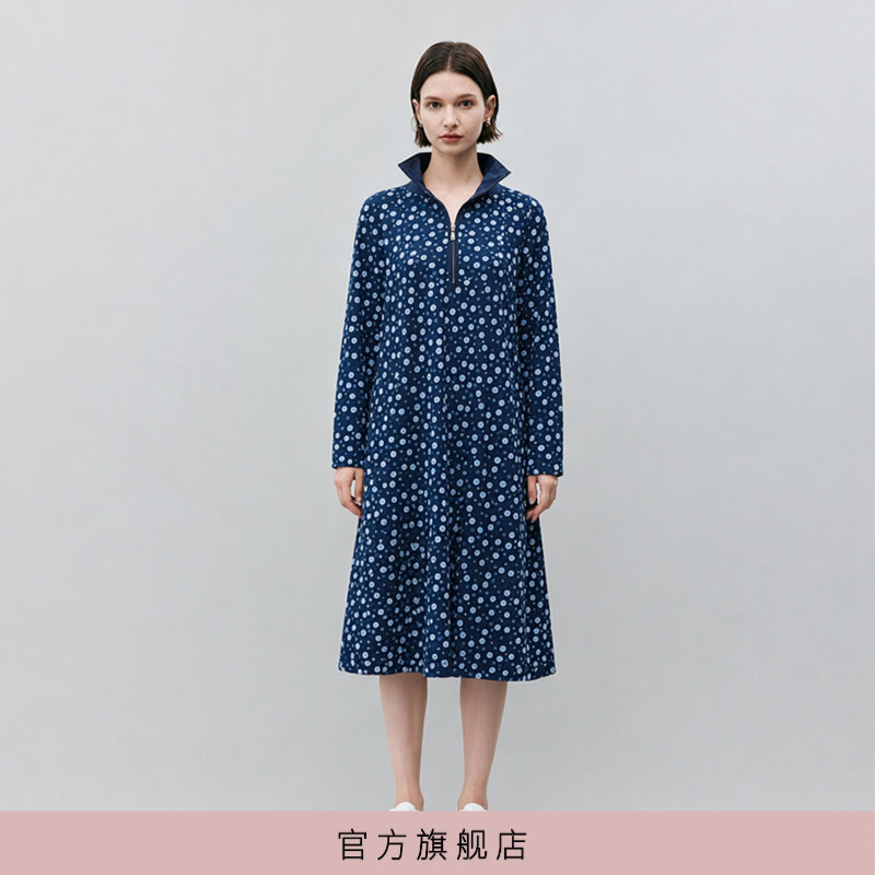 青黛蓝波点连帽卫衣裙图片